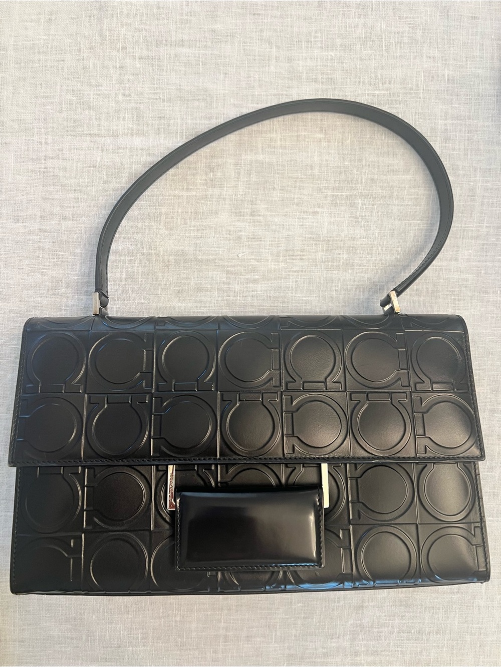 Authentic Salvatore Ferragamo Gancini Embossed Black Leather Shoulder Bag